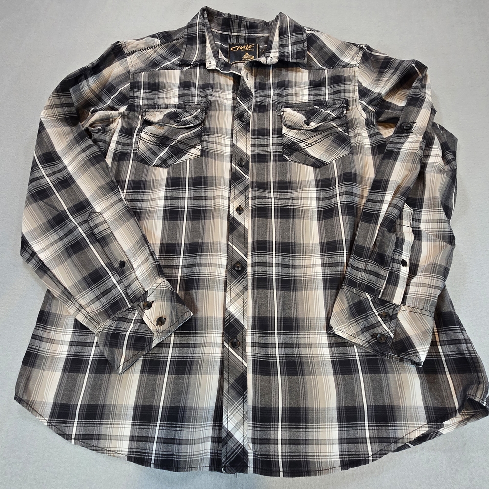 Chalc‎ Plaid Button Down Shirt Mens XL Black Grey Long Sleeve Whipstitch Casual